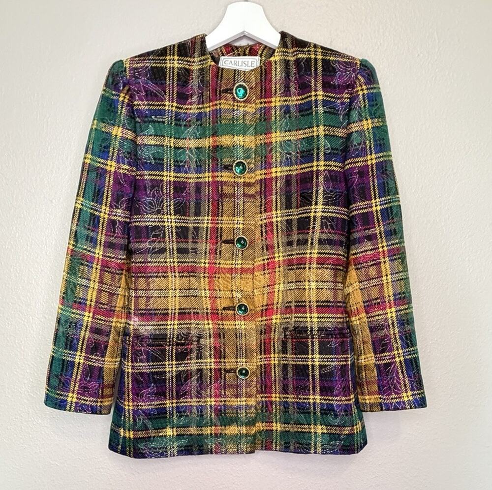 Vtg CARLISLE Multicolor Tartan Plaid Blazer Jacket 6 Jewel Tone 90s Maximalist